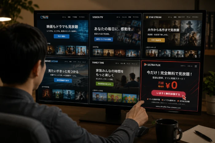 複数の動画配信サービスを比較し怪しい無料体験を選ぼうとする男性