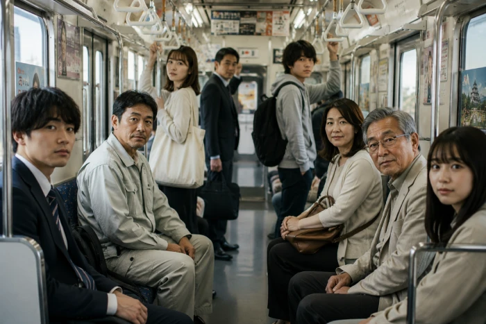 電車内で年齢や服装の異なる乗客たちが一斉にこちらを見つめる様子