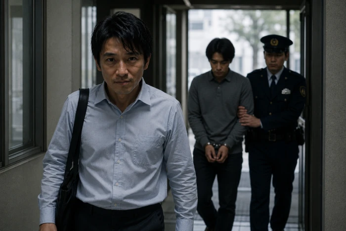 警察署を出る男性の後ろで真犯人が手錠をかけられ連行される様子
