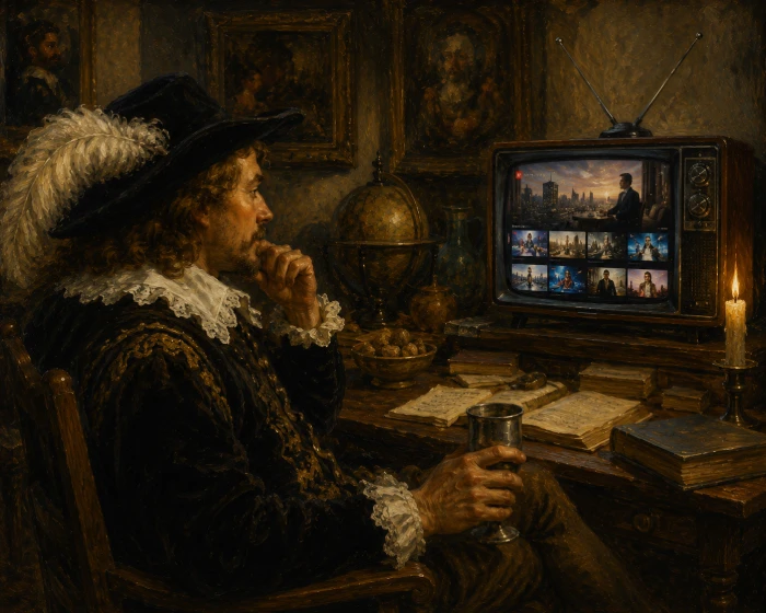 古い時代の衣装をまとった男性が、ブラウン管テレビで動画配信サービスを眺めながら作品選びを楽しむ様子