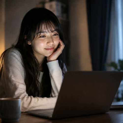 夜の部屋でノートパソコンを見つめ、穏やかな笑顔を浮かべる若い女性