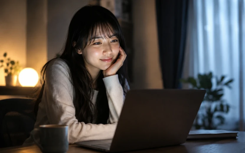 夜の部屋でノートパソコンを見つめ、穏やかな笑顔を浮かべる若い女性