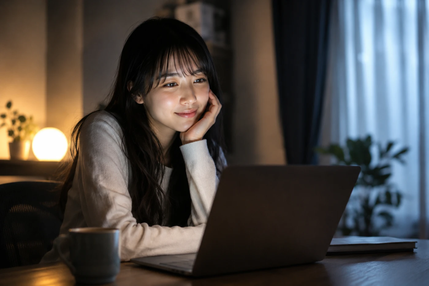 夜の部屋でノートパソコンを見つめ、穏やかな笑顔を浮かべる若い女性