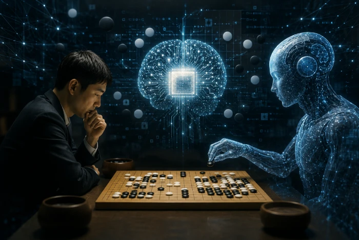 囲碁盤を挟んで人間と青く輝くAIが静かに向き合い対局する幻想的な光景