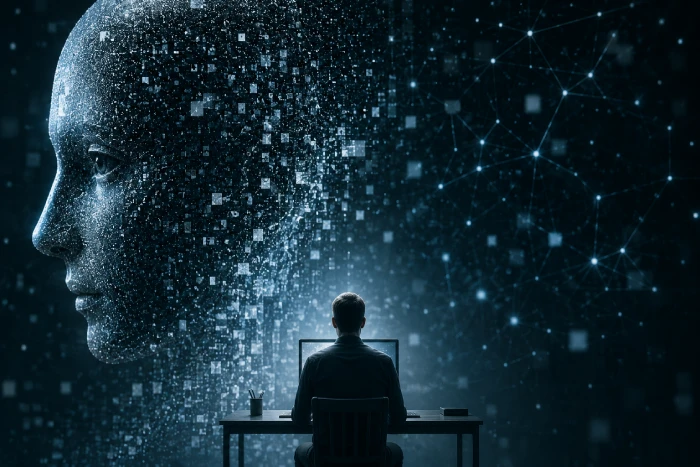 巨大なAIの横顔と向かい合い、机に座って画面を見つめる人物の幻想的な光景