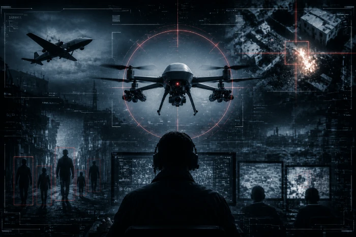 標的を監視する無人機と作戦指揮室がAI兵器の脅威を映し出す未来的な光景