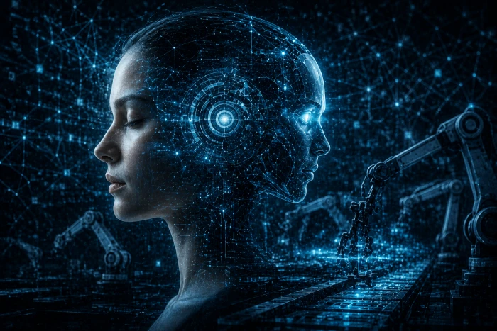 人間とAIが融合する横顔と稼働するロボットアームが未来を象徴する幻想的な光景
