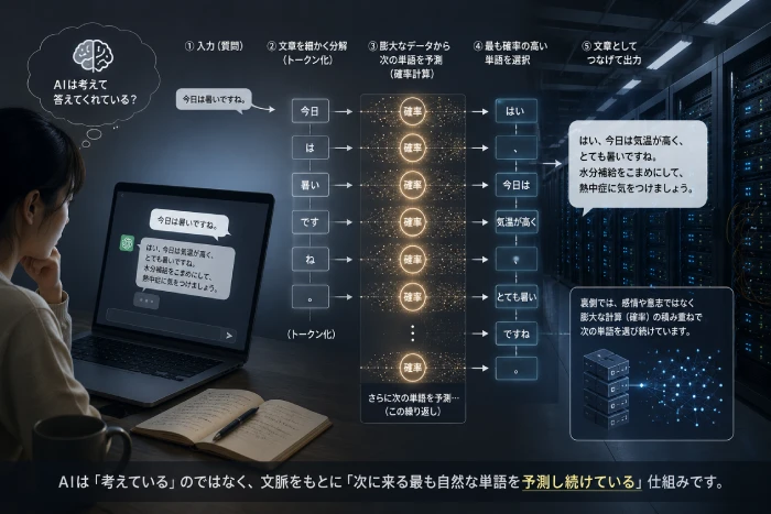 AIが質問から回答を生成する仕組みを確率計算の流れで表現した概念図