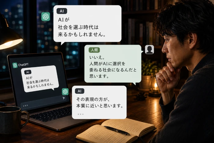 夜の部屋でノートパソコンのAIと静かに対話し、人間がAIに選択を委ねる未来について考え込む男性のイメージ