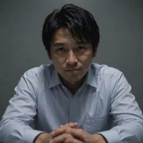 取調室で刑事を見つめながら平静を装う男性容疑者