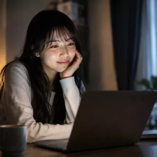 夜の部屋でノートパソコンを見つめ、穏やかな笑顔を浮かべる若い女性