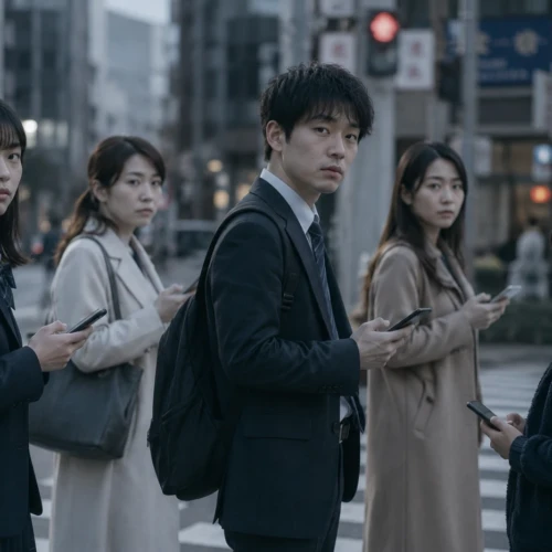都会の交差点でスマートフォンを手に、無表情でカメラを見つめる人々