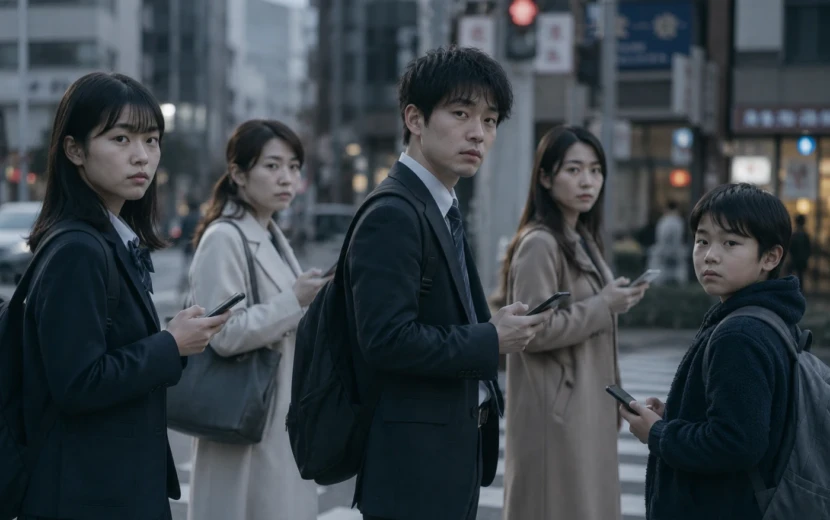 都会の交差点でスマートフォンを手に、無表情でカメラを見つめる人々
