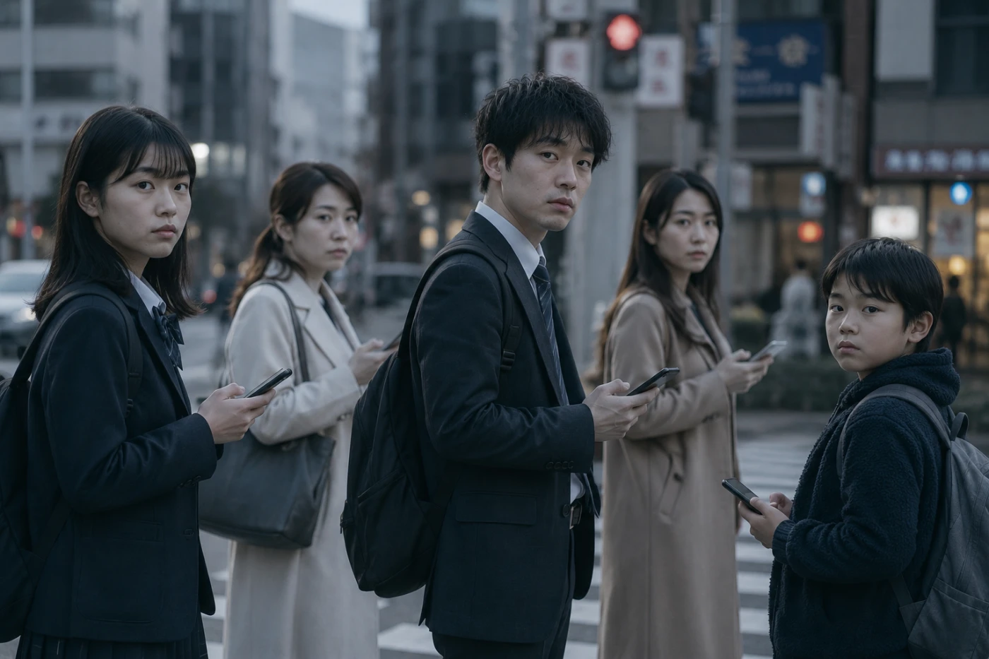 都会の交差点でスマートフォンを手に、無表情でカメラを見つめる人々