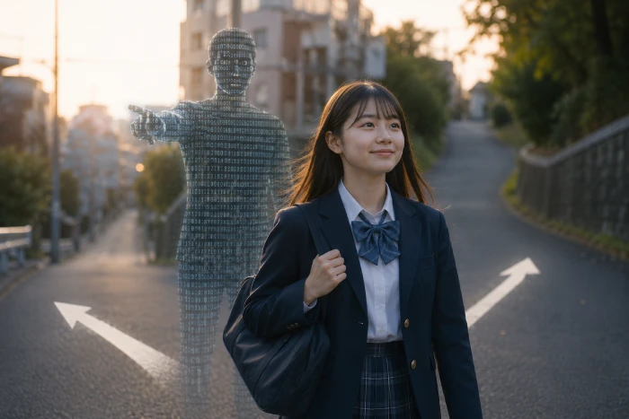 笑顔で歩く女子高生の背後で、文字コードの人影が進む道を静かに示している