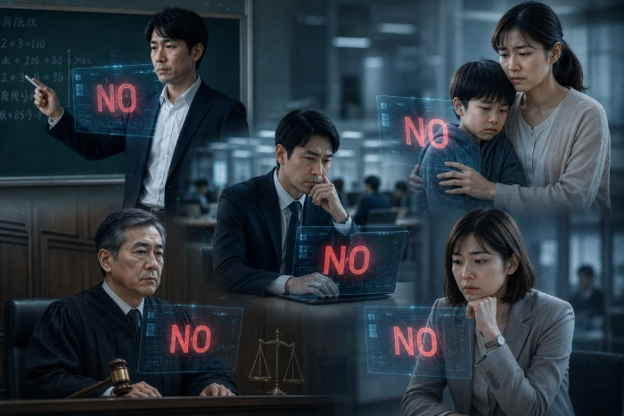 教師や親、上司、裁判官の前に「NO」が表示され、判断を否定される社会を表現した光景