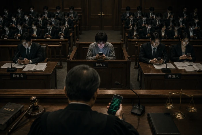 法廷で裁判官や弁護士、被告人、傍聴人まで全員がスマートフォンだけを見つめている光景
