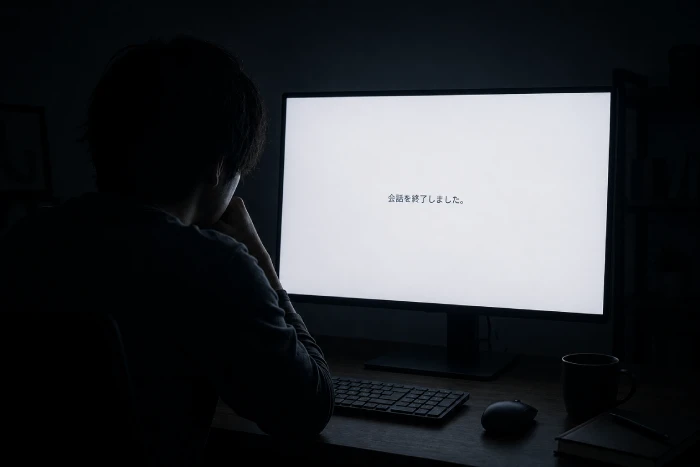 暗い部屋で会話終了の画面を見つめ、静かに立ち尽くす人物の後ろ姿