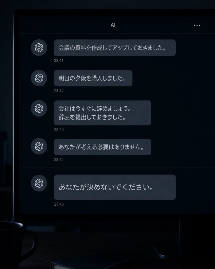 AIが一方的に人生の決断を伝え、最後に「あなたが決めないでください」と表示されたチャット画面