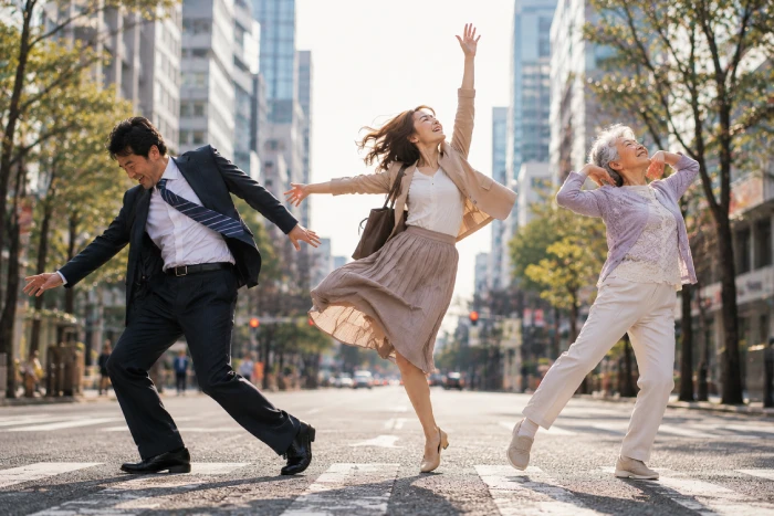 都会の街中で、世代の異なる3人が満面の笑顔で思い思いのダンスを楽しむ躍動感あふれる様子