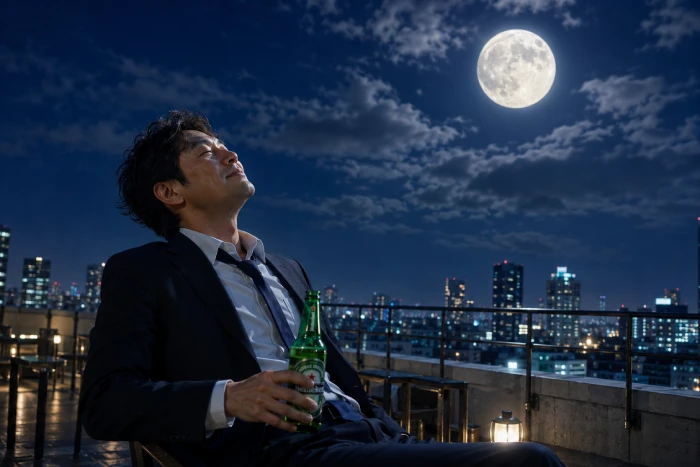 満月が輝くビルの屋上で、緑色の瓶ビールを片手に映画の余韻へ浸るスーツ姿の男性