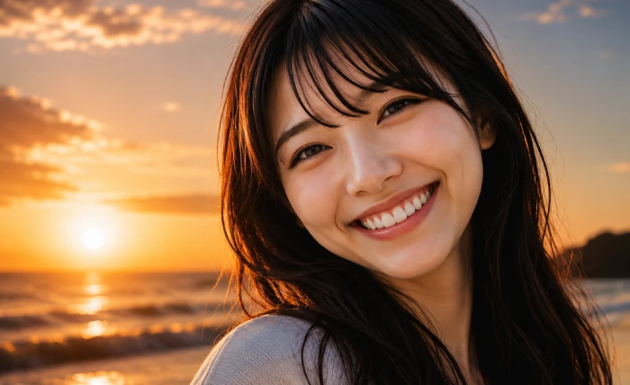夕暮れの海辺で穏やかな笑顔を浮かべ、心から満たされた表情を見せる若い女性