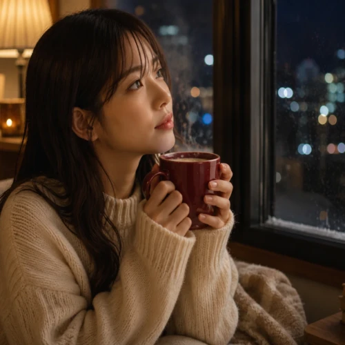 冬の夜、ボルドーのマグカップを両手で包みながら窓の外を見つめる女性