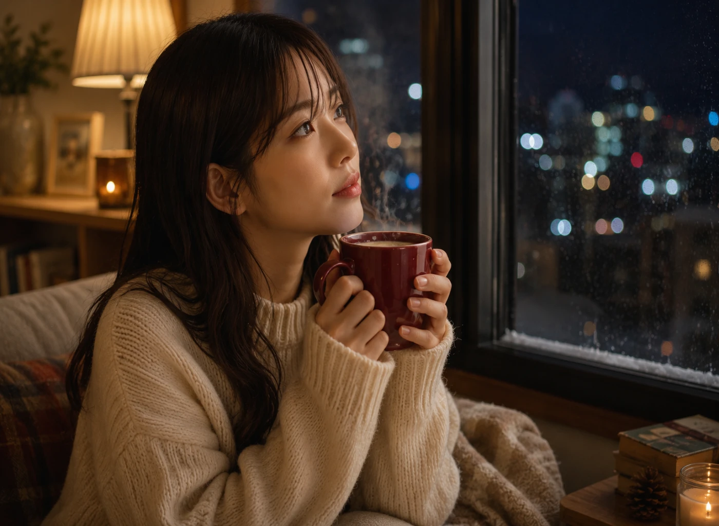 冬の夜、ボルドーのマグカップを両手で包みながら窓の外を見つめる女性