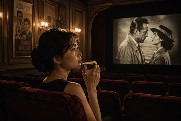レトロな映画館でコーヒーを飲みながら映画を静かに楽しむ女性