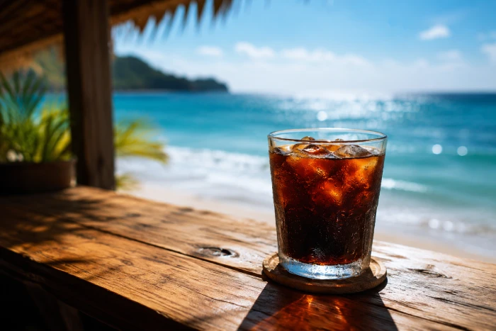 海を望む木製カウンターに置かれたアイスコーヒーが夏の景色に映える一杯