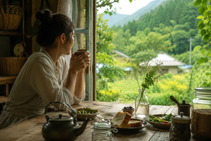 自然豊かな里山を眺めながら温かいコーヒーを味わう穏やかなひととき