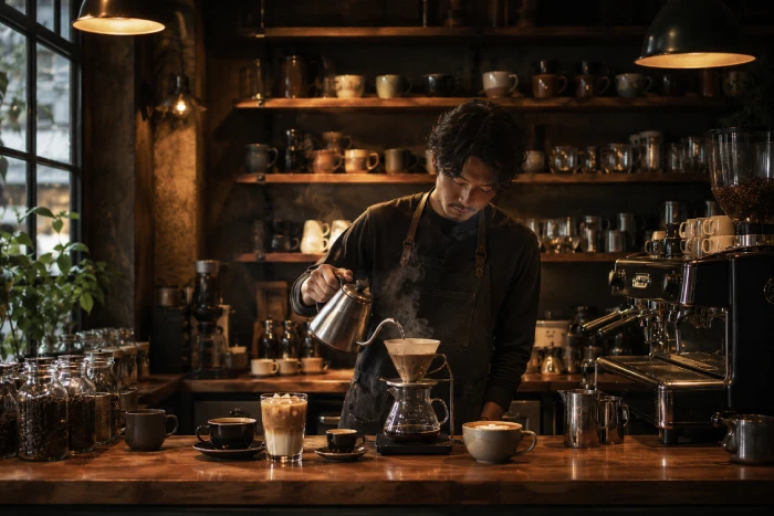 バリスタが丁寧にコーヒーを淹れる温もりあふれるカフェのカウンター風景
