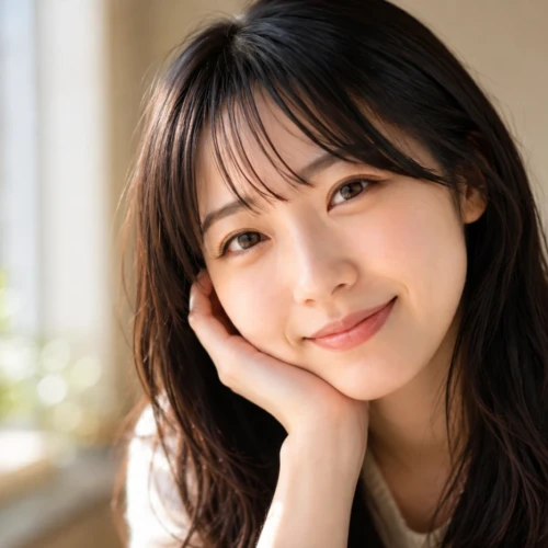 窓辺の自然光に包まれながら、恋をしているような優しい笑顔を浮かべる女性の顔アップ