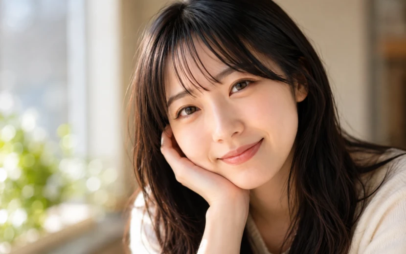 窓辺の自然光に包まれながら、恋をしているような優しい笑顔を浮かべる女性の顔アップ