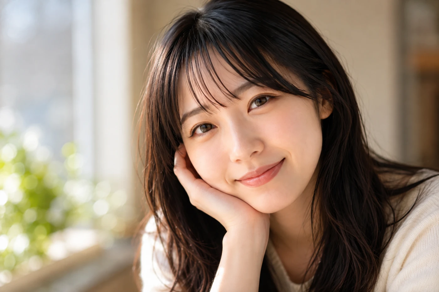 窓辺の自然光に包まれながら、恋をしているような優しい笑顔を浮かべる女性の顔アップ