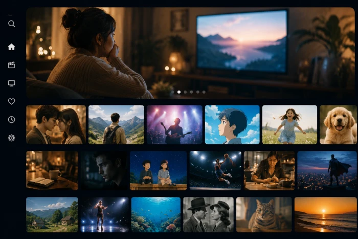 さまざまなジャンルの作品サムネイルが並ぶ動画配信サービスのホーム画面イメージ