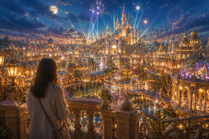 夜空の下に広がる豪華な幻想都市と巨大な城を見つめる女性
