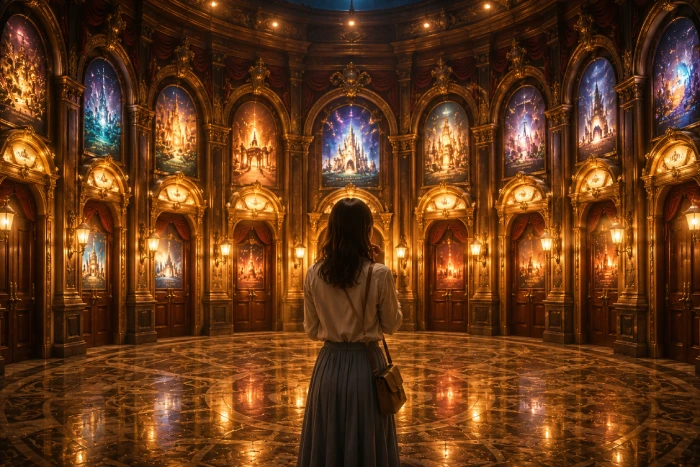 魔法の映画館で数多くの扉を前に作品を選ぶ女性