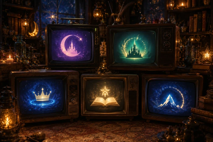 魔法の世界に並ぶ5台の古いテレビと異なる映像サービスの紋章