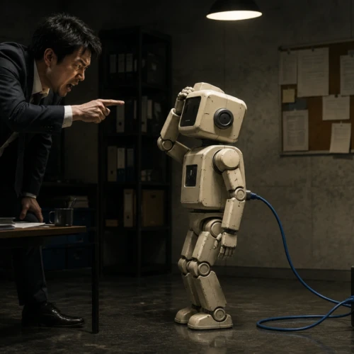 AIロボットを叱るスーツ姿の男性と小型コンピュータをつなぐLANケーブル