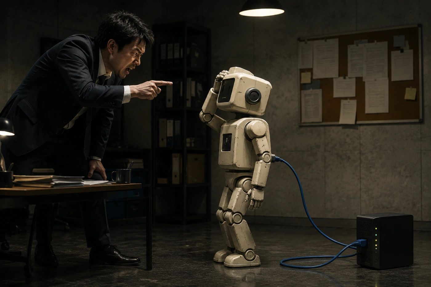 AIロボットを叱るスーツ姿の男性と小型コンピュータをつなぐLANケーブル
