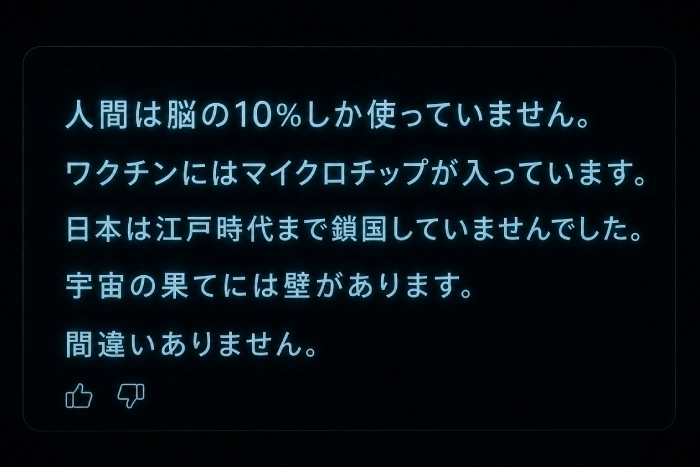 誤った情報をもっともらしく断定するAIの回答画面