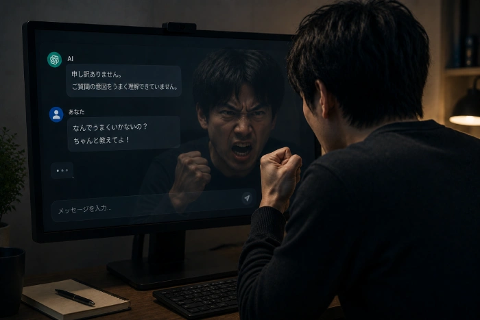 alt:AIに怒る男性と、モニターに映る同じ表情の自分の姿