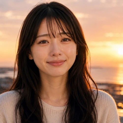 夕日の海を背景に、涙を浮かべながら微笑む女性が正面を見つめている