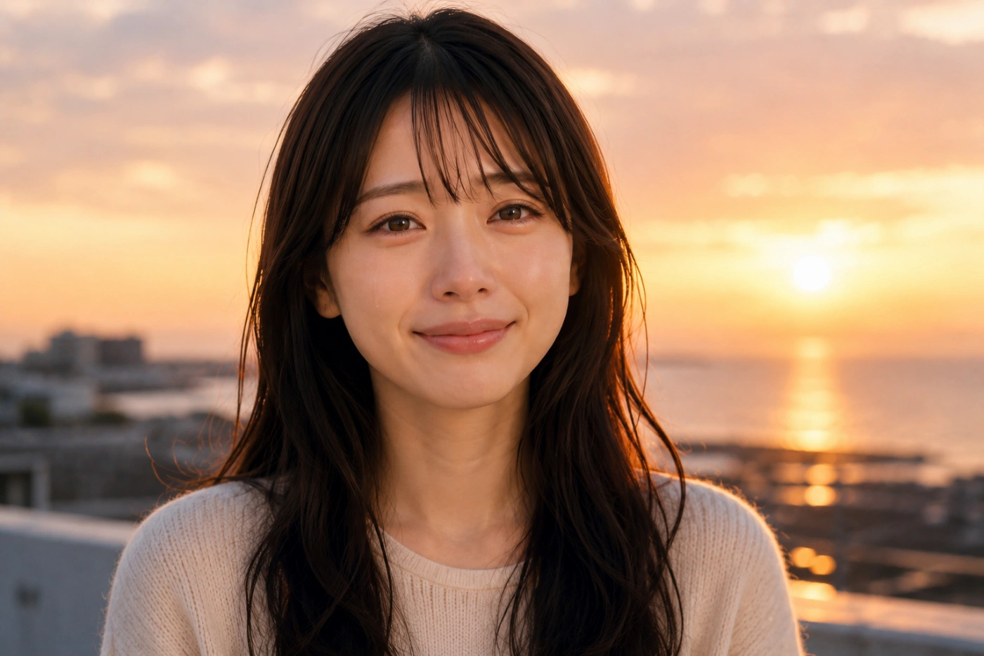 夕日の海を背景に、涙を浮かべながら微笑む女性が正面を見つめている