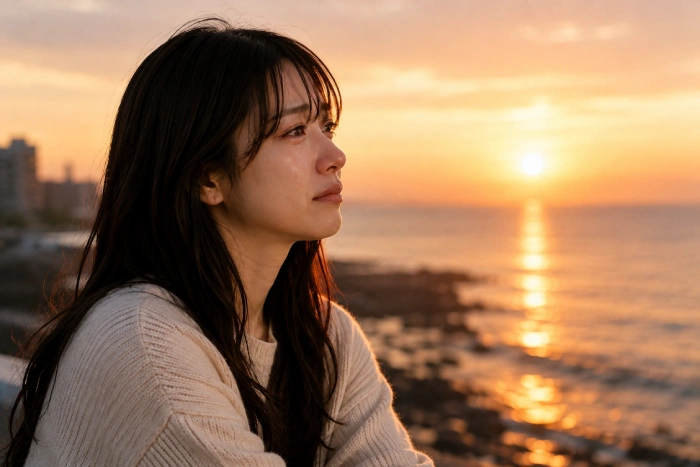 夕日を見つめながら一人で涙を流す女性