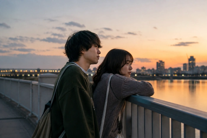 夕暮れの川辺で並んで景色を見つめる恋人たち
