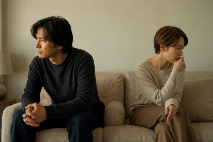 同じソファに座りながら互いに目を合わせない夫婦