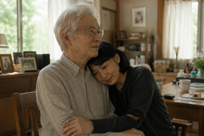 年老いた父親に寄り添い肩を抱く娘の穏やかな時間