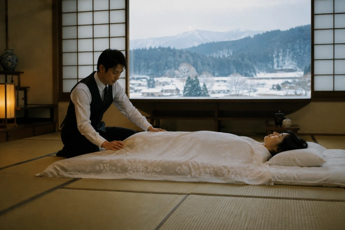雪景色を背に故人を静かに見送る男性